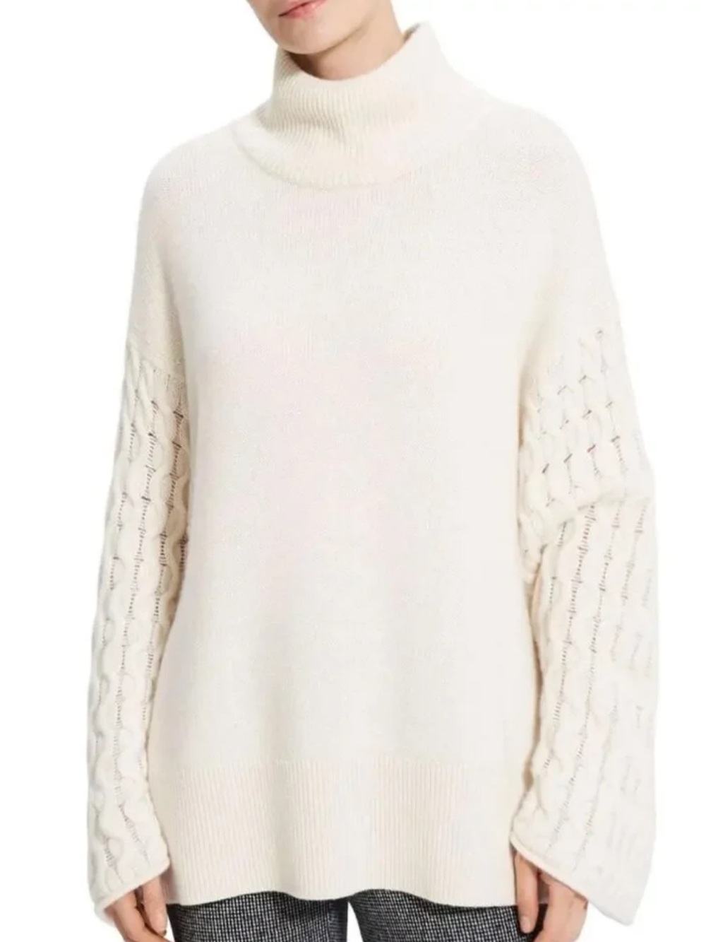 Theory Cashmere Karenia Cable-Sleeve Sweater Cozy Mock Neckline Oversized S